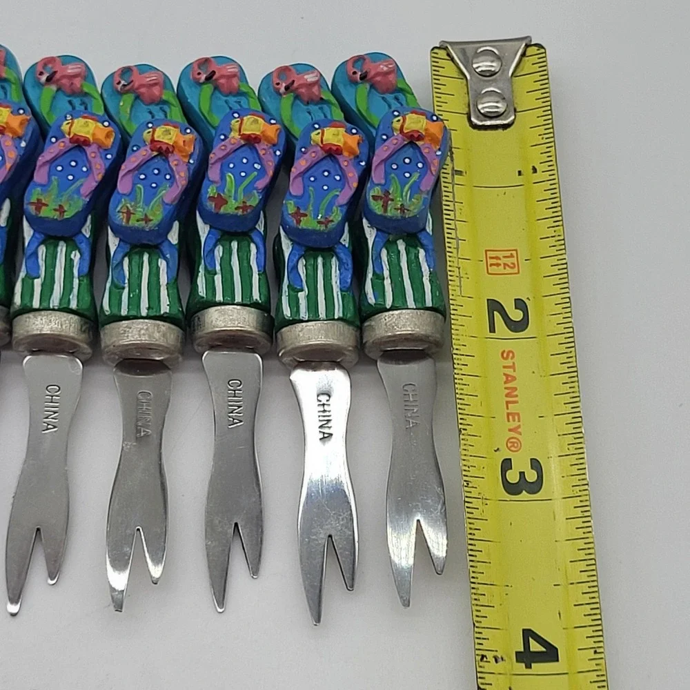 Appetizer Forks Novelty Flip Flops Flamingo & Fish Summer Cocktail Set Of 8